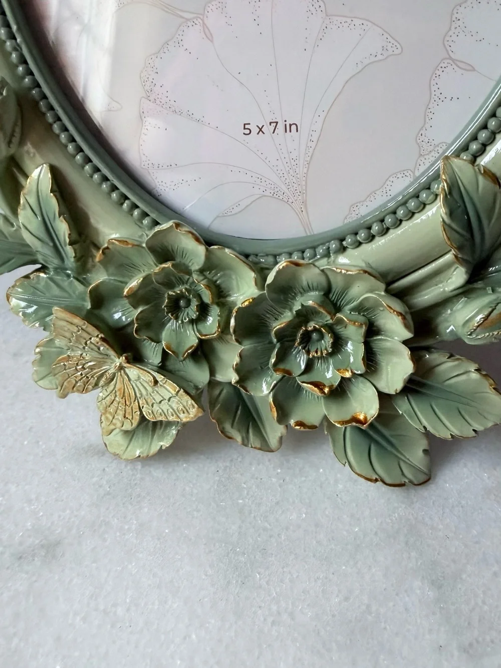 Sage Green Floral Oval Picture Frame with butterfly 5”x7” photo